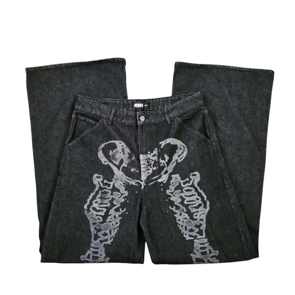 Minga London Bones Black Washed Denim Jeans Skeleton Print Wide Baggy Leg SZ 36 - Picture 7 of 16